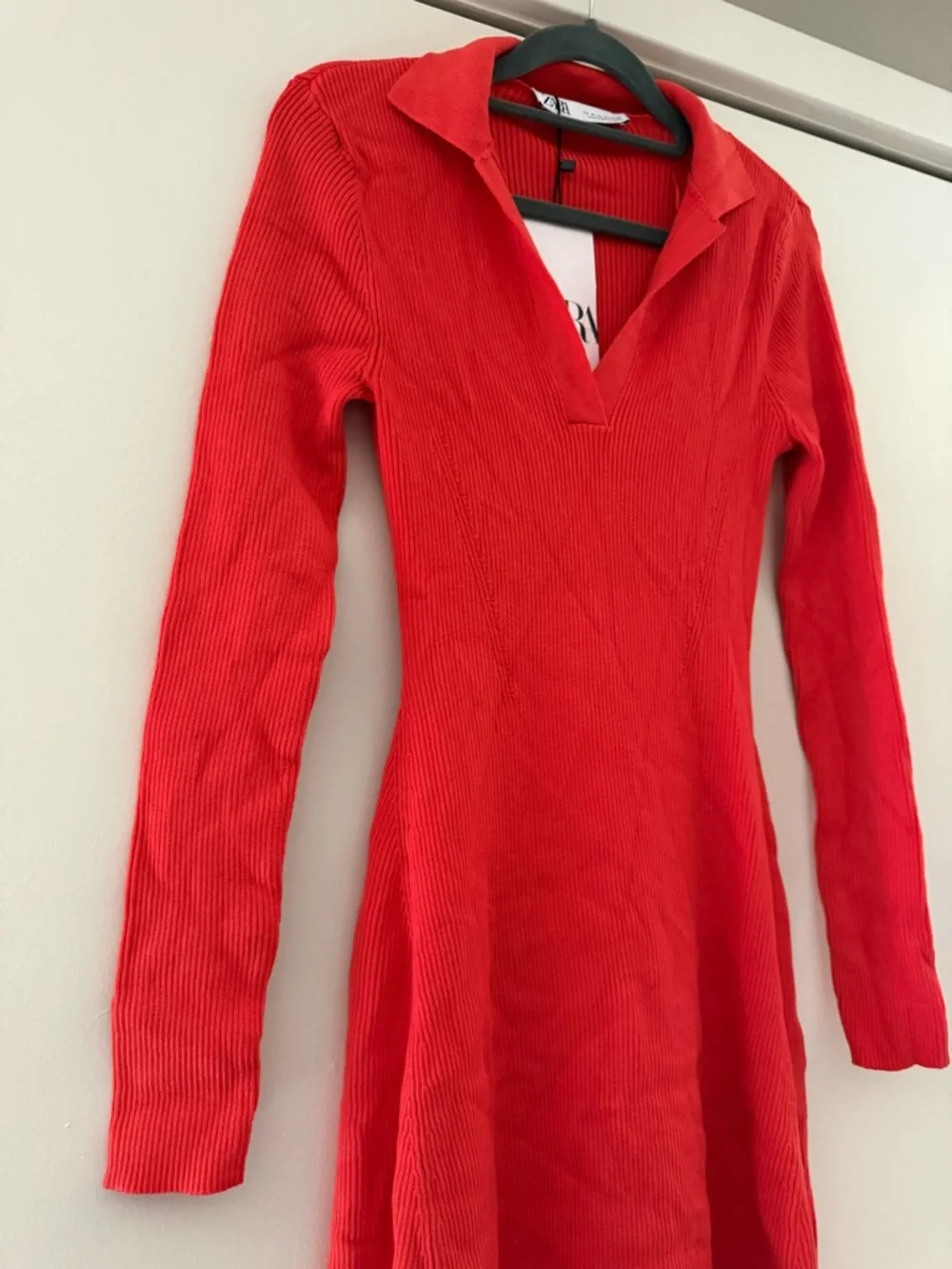 Zara Red Orange Ribbed Knit Mini Dress Polo Collar Bodycon Long Sleeve Medium - Picture 5 of 11